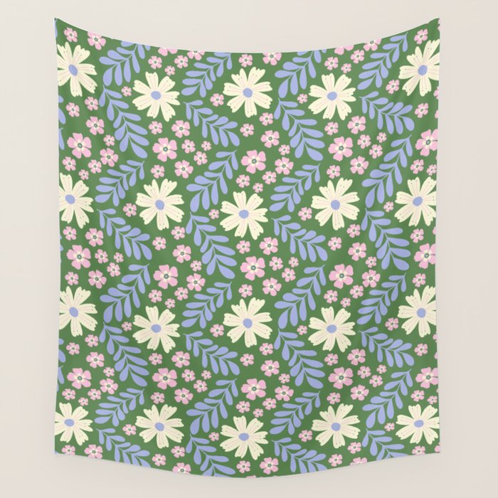 Whimsical Floral - Green, Blue, White and soft Pink Wall Tapestry Gallery Image 1