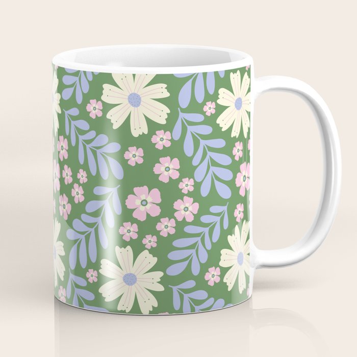 Whimsical Floral - Green, Blue, White and soft Pink Coffee Mug Gallery Image 1