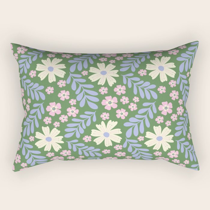 Whimsical Floral - Green, Blue, White and soft Pink Rectangular Pillow Gallery Image 1