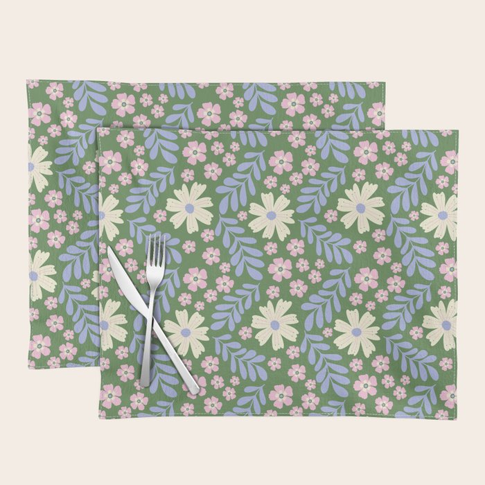 Whimsical Floral - Green, Blue, White and soft Pink Placemat Gallery Image 1