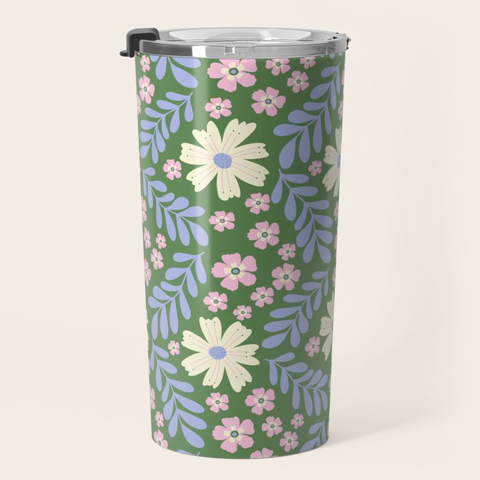 Whimsical Floral - Green, Blue, White and soft Pink Travel Mug Gallery Image 3