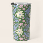 Whimsical Floral - Green, Blue, White and soft Pink Travel Mug Gallery Image 3