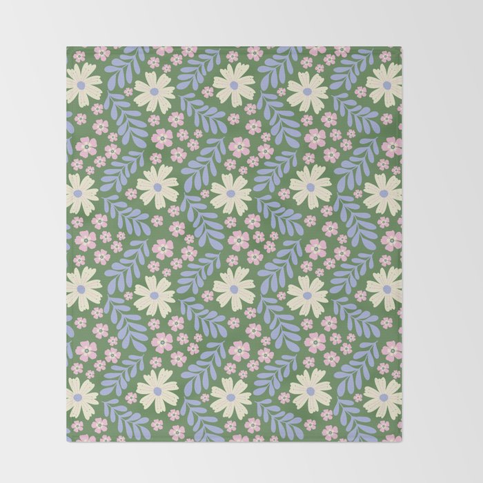 Whimsical Floral - Green, Blue, White and soft Pink Throw Blanket Gallery Image 2