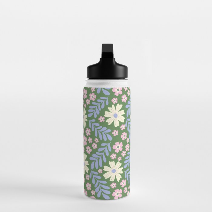 Whimsical Floral - Green, Blue, White and soft Pink Water Bottle Gallery Image 3