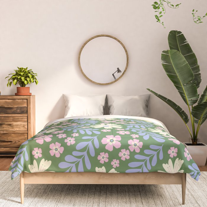 Whimsical Floral - Green, Blue, White and soft Pink Comforter Gallery Image 3
