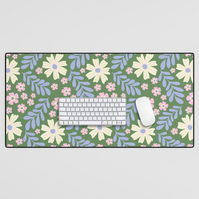 Whimsical Floral - Green, Blue, White and soft Pink Desk Mat Gallery Image 1