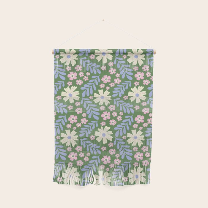 Whimsical Floral - Green, Blue, White and soft Pink Wall Hanging Gallery Image 1