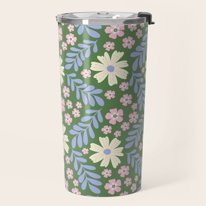 Whimsical Floral - Green, Blue, White and soft Pink Travel Mug Gallery Image 2