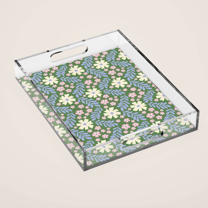 Whimsical Floral - Green, Blue, White and soft Pink Acrylic Tray Gallery Image 1