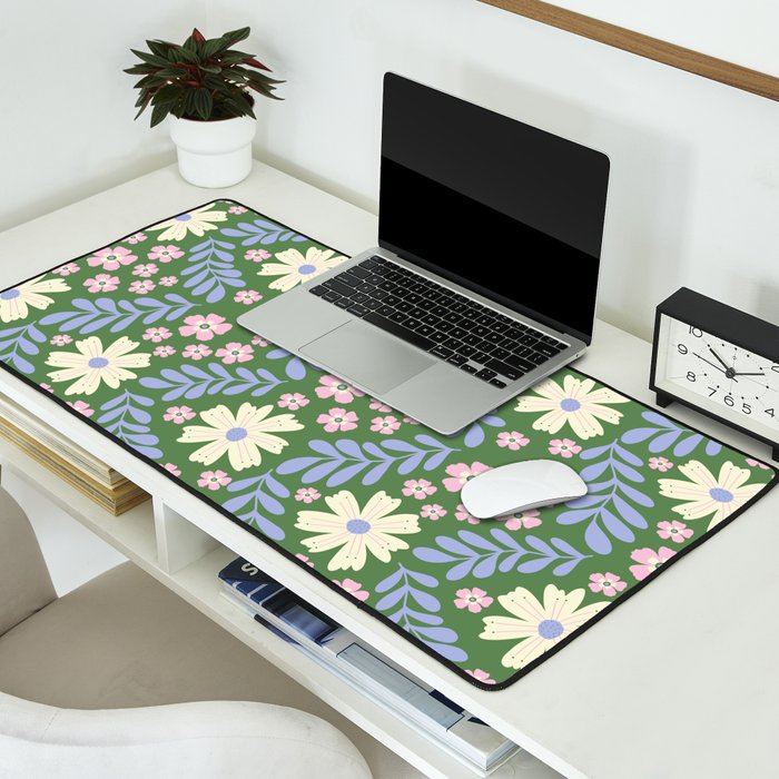 Whimsical Floral - Green, Blue, White and soft Pink Desk Mat Gallery Image 2