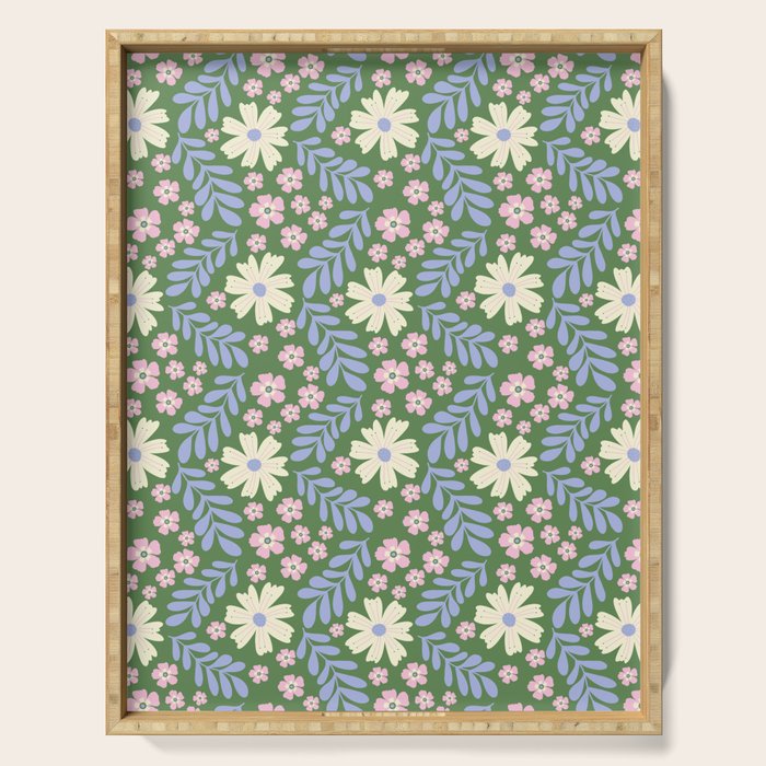 Whimsical Floral - Green, Blue, White and soft Pink Serving Tray Gallery Image 1
