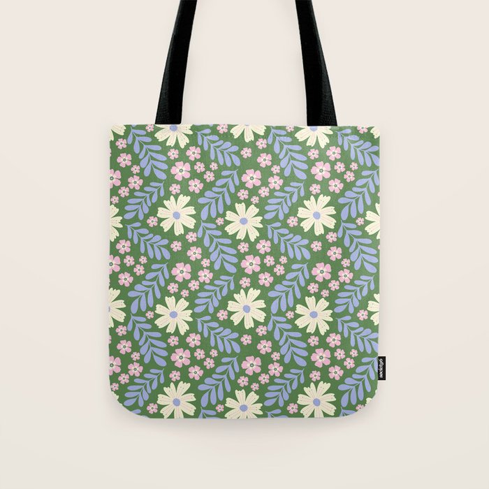 Whimsical Floral - Green, Blue, White and soft Pink Tote Bag Gallery Image 1