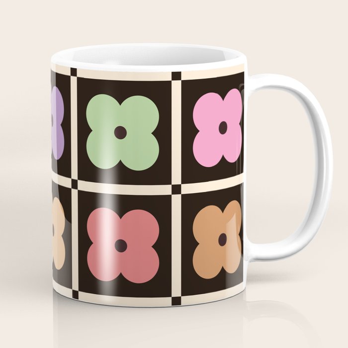 Colorful Flowers and Black & White Patchwork Gingham  Coffee Mug Gallery Image 1