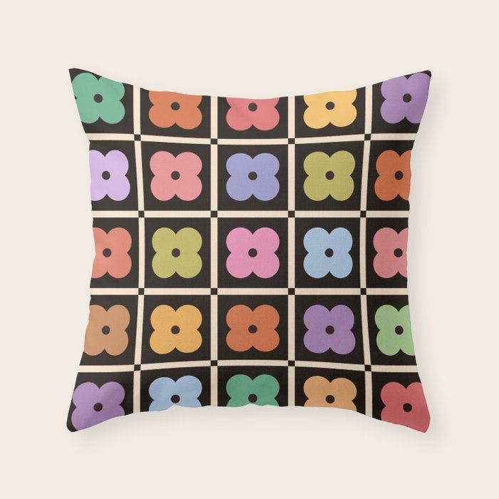 Colorful Flowers and Black & White Patchwork Gingham  Throw Pillow Gallery Image 1