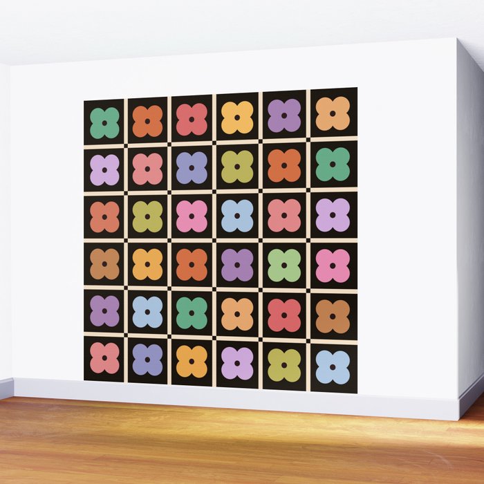Colorful Flowers and Black & White Patchwork Gingham  Wall Mural Gallery Image 2