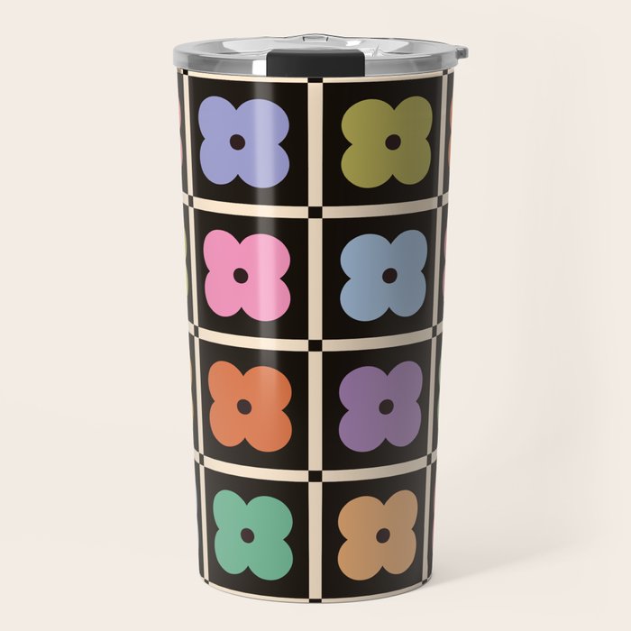 Colorful Flowers and Black & White Patchwork Gingham  Travel Mug Gallery Image 1