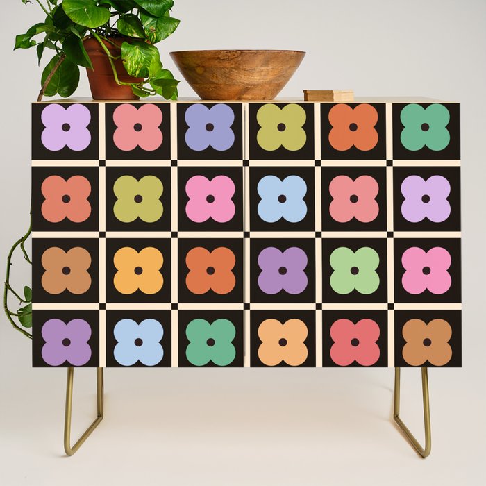 Colorful Flowers and Black & White Patchwork Gingham  Credenza Gallery Image 1