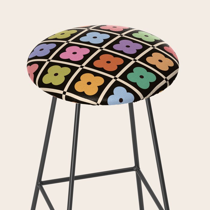 Colorful Flowers and Black & White Patchwork Gingham  Stool Gallery Image 2