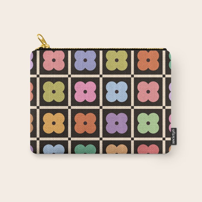 Colorful Flowers and Black & White Patchwork Gingham  Carry All Pouch Gallery Image 1