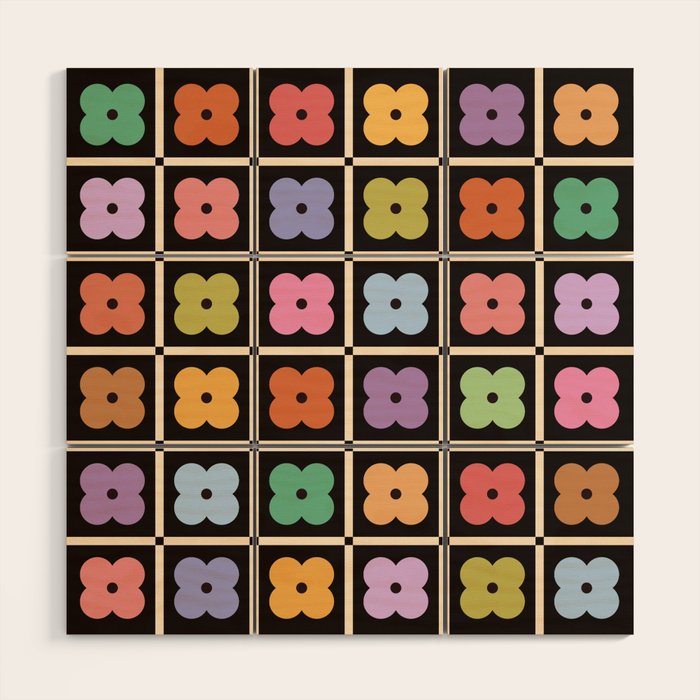 Colorful Flowers and Black & White Patchwork Gingham  Wood Wall Art Gallery Image 1