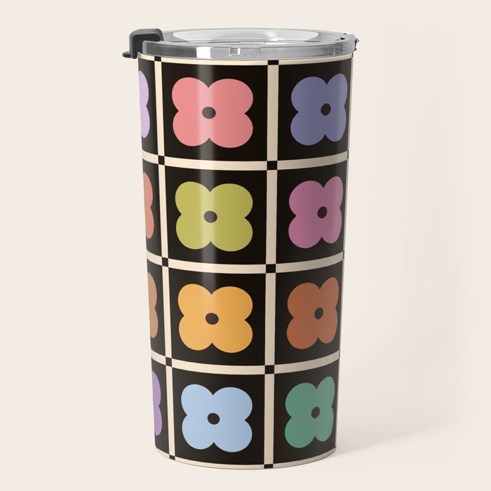 Colorful Flowers and Black & White Patchwork Gingham  Travel Mug Gallery Image 3