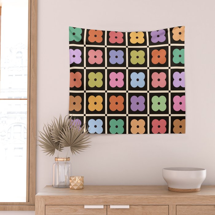 Colorful Flowers and Black & White Patchwork Gingham  Wall Tapestry Gallery Image 2