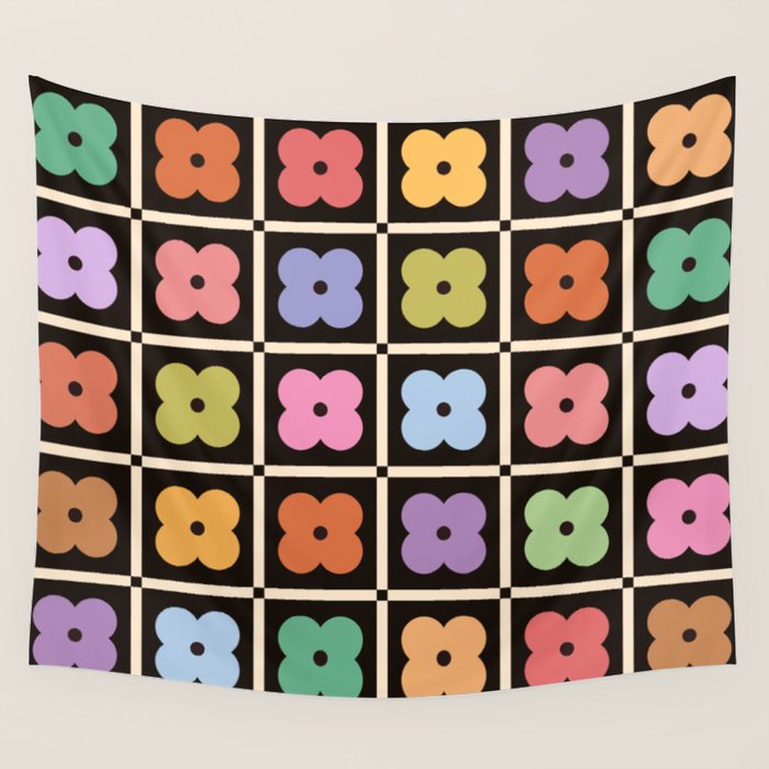 Colorful Flowers and Black & White Patchwork Gingham  Wall Tapestry Gallery Image 4