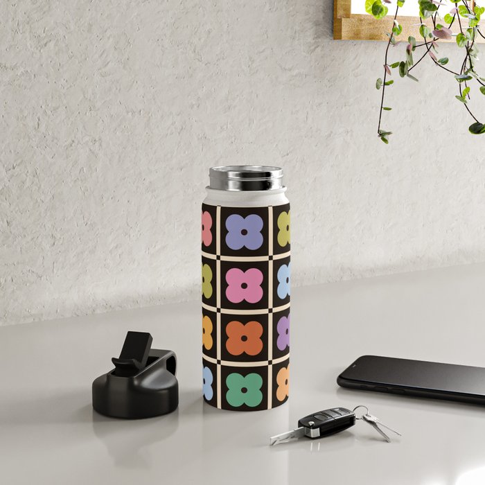 Colorful Flowers and Black & White Patchwork Gingham  Water Bottle Gallery Image 4