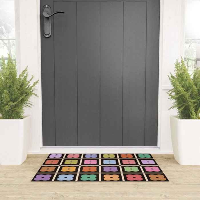 Colorful Flowers and Black & White Patchwork Gingham  Welcome Mat Gallery Image 3