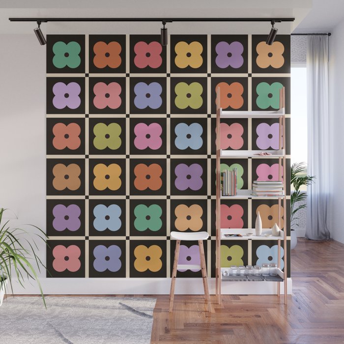 Colorful Flowers and Black & White Patchwork Gingham  Wall Mural Gallery Image 1