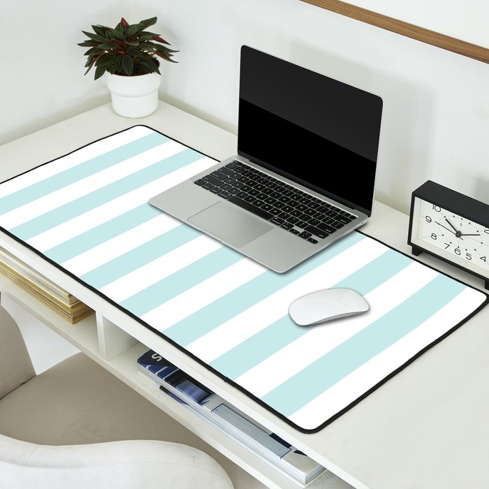 Duck Egg Pale Aqua Blue and White Wide Vertical Cabana Tent Stripe Desk Mat Gallery Image 2