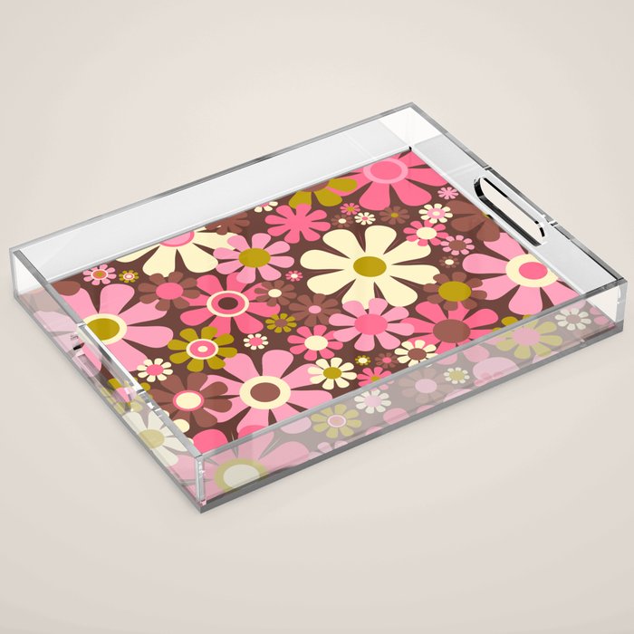 60s 70s Retro Floral Garden Cheerful Flower Pattern in Brown Pink Avocado Acrylic Tray Gallery Image 1