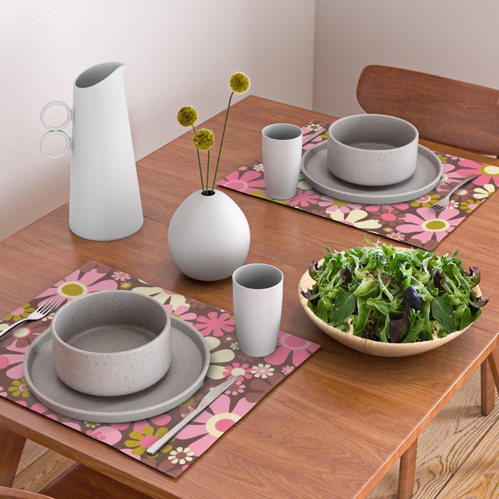 60s 70s Retro Floral Garden Cheerful Flower Pattern in Brown Pink Avocado Placemat Gallery Image 2