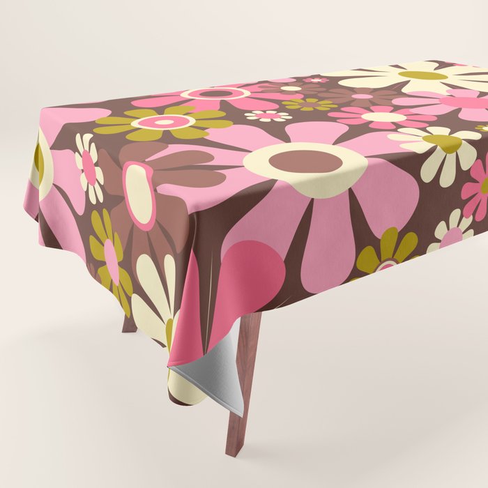 60s 70s Retro Floral Garden Cheerful Flower Pattern in Brown Pink Avocado Tablecloth Gallery Image 1