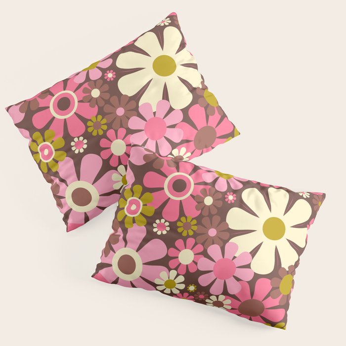 60s 70s Retro Floral Garden Cheerful Flower Pattern in Brown Pink Avocado Pillow Sham Gallery Image 3