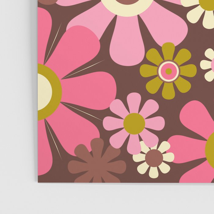 60s 70s Retro Floral Garden Cheerful Flower Pattern in Brown Pink Avocado Poster Gallery Image 3