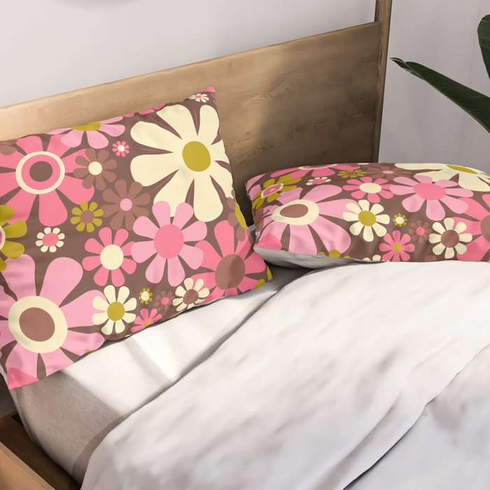 60s 70s Retro Floral Garden Cheerful Flower Pattern in Brown Pink Avocado Pillow Sham Gallery Image 2
