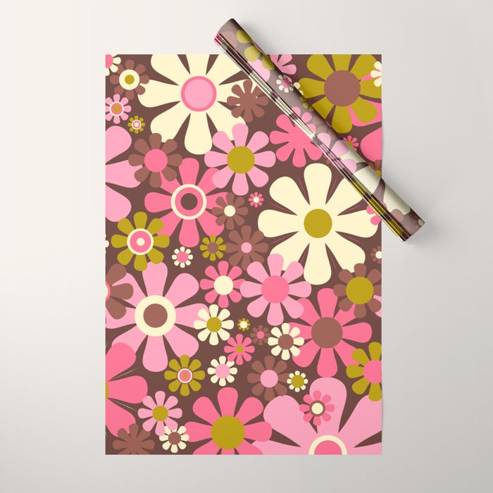 60s 70s Retro Floral Garden Cheerful Flower Pattern in Brown Pink Avocado Wrapping Paper Gallery Image 1