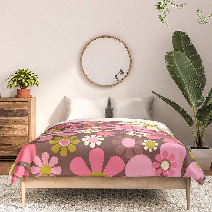 60s 70s Retro Floral Garden Cheerful Flower Pattern in Brown Pink Avocado Comforter Gallery Image 3