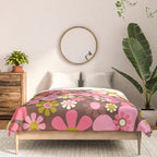 60s 70s Retro Floral Garden Cheerful Flower Pattern in Brown Pink Avocado Comforter Gallery Image 3