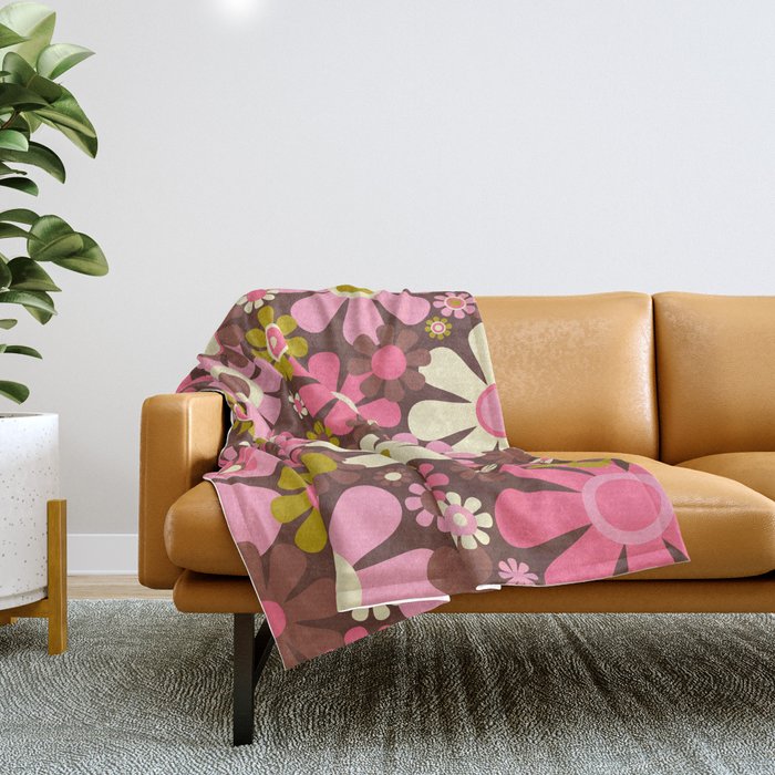 60s 70s Retro Floral Garden Cheerful Flower Pattern in Brown Pink Avocado Throw Blanket Gallery Image 1