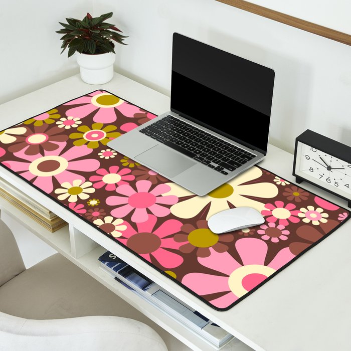 60s 70s Retro Floral Garden Cheerful Flower Pattern in Brown Pink Avocado Desk Mat Gallery Image 2