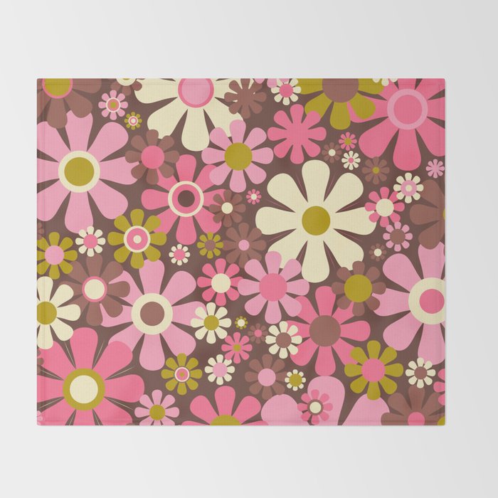60s 70s Retro Floral Garden Cheerful Flower Pattern in Brown Pink Avocado Throw Blanket Gallery Image 2