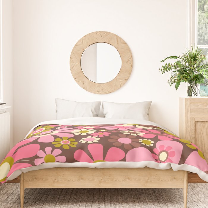 60s 70s Retro Floral Garden Cheerful Flower Pattern in Brown Pink Avocado Duvet Cover Gallery Image 3