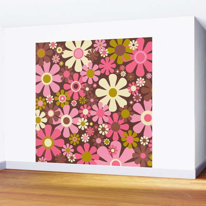 60s 70s Retro Floral Garden Cheerful Flower Pattern in Brown Pink Avocado Wall Mural Gallery Image 2