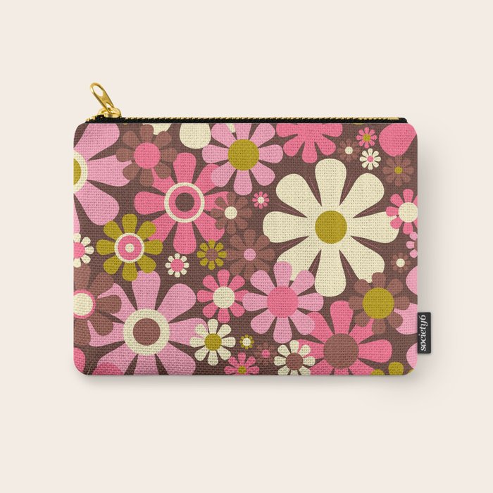 60s 70s Retro Floral Garden Cheerful Flower Pattern in Brown Pink Avocado Carry All Pouch Gallery Image 1