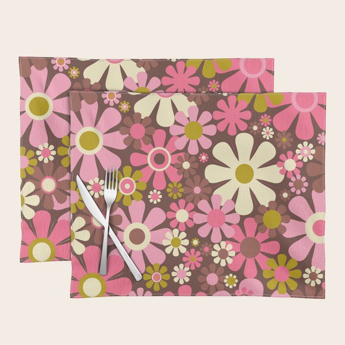 60s 70s Retro Floral Garden Cheerful Flower Pattern in Brown Pink Avocado Placemat Gallery Image 1