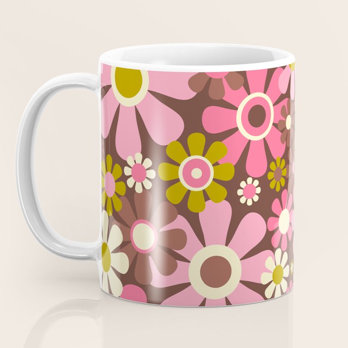 60s 70s Retro Floral Garden Cheerful Flower Pattern in Brown Pink Avocado Coffee Mug Gallery Image 3