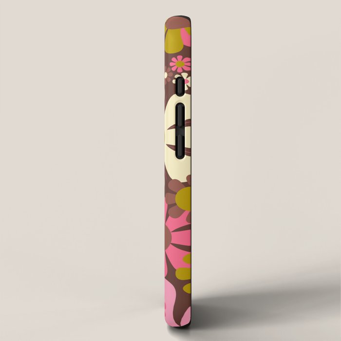 60s 70s Retro Floral Garden Cheerful Flower Pattern in Brown Pink Avocado iPhone Case Gallery Image 2