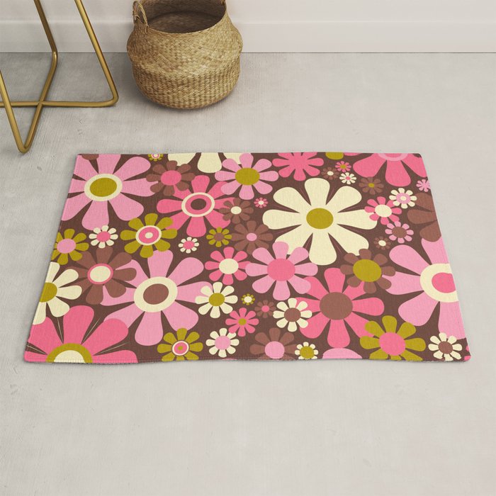 60s 70s Retro Floral Garden Cheerful Flower Pattern in Brown Pink Avocado Rug Gallery Image 1